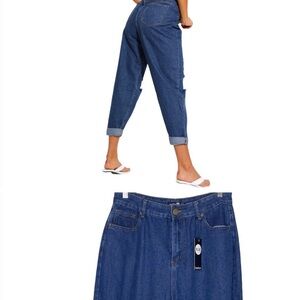 ✨NWT Boohoo Dark Wash High Rise Oversized Baggy Distressed Dad Jeans Size US 8